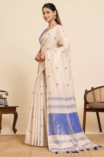 Blue color embroidery cotton silk saree with blouse