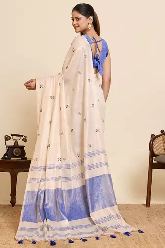 Blue color embroidery cotton silk saree with blouse