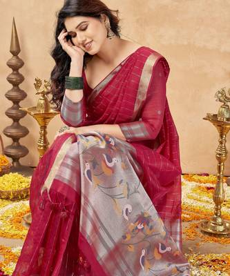 maroon ethnic cotton blend fabric weaving jari designer fancy ethnic saree 3
