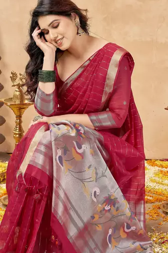 maroon ethnic cotton blend fabric weaving jari designer fancy ethnic saree