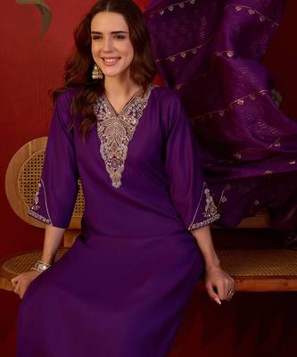 Purple cotton embellished kurta set with duaptta. 1