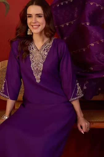 Purple cotton embellished kurta set with duaptta.