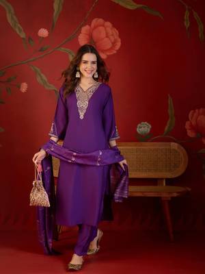 Purple cotton embellished kurta set with duaptta. 2