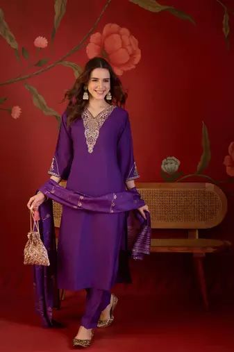 Purple cotton embellished kurta set with duaptta.