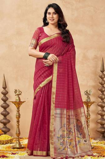 red ethnic cotton blend fabric weaving jari designer fancy ethnic saree