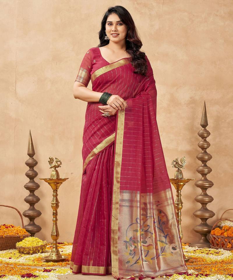 red ethnic cotton blend fabric weaving jari designer fancy ethnic saree