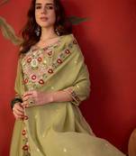Pista cotton embroidered kurta set with dupatta.