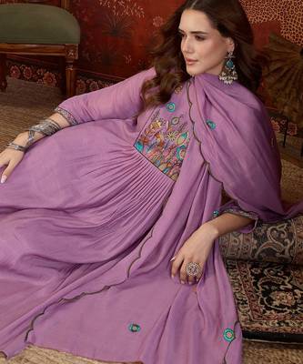 Lilac cotton embroidered kurta set with dupatta. 1