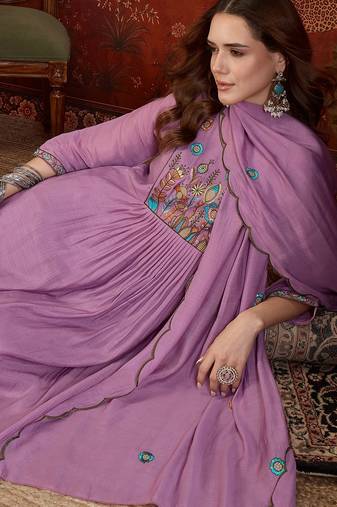 Lilac cotton embroidered kurta set with dupatta.