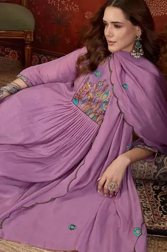 Lilac cotton embroidered kurta set with dupatta.