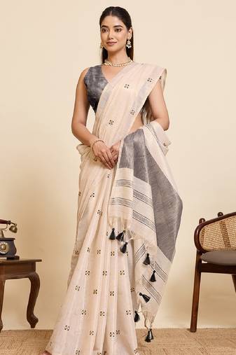 Grey color embroidery cotton silk saree with blouse