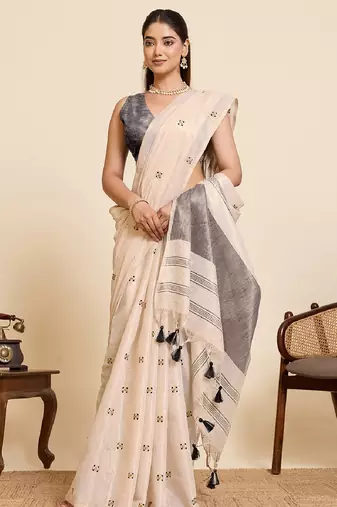 Grey color embroidery cotton silk saree with blouse