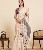 Grey color embroidery cotton silk saree with blouse