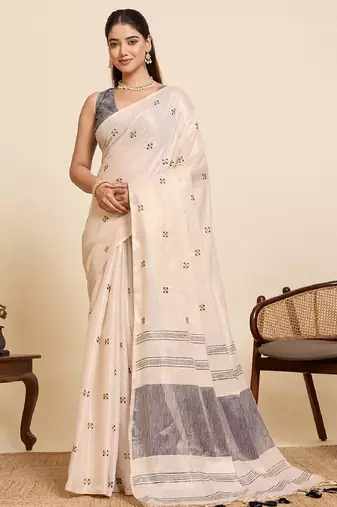 Grey color embroidery cotton silk saree with blouse