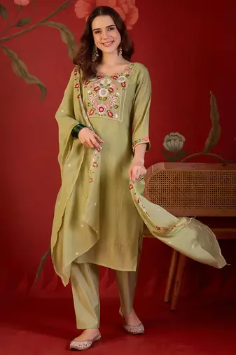 Pista cotton embroidered kurta set with dupatta.