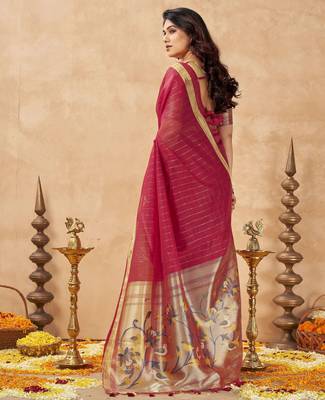 red ethnic cotton blend fabric weaving jari designer fancy ethnic saree 2