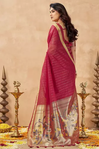red ethnic cotton blend fabric weaving jari designer fancy ethnic saree