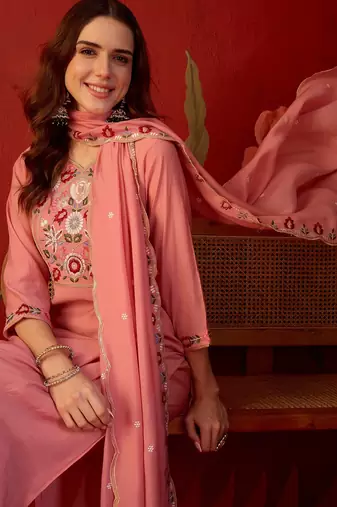 Peach cotton embroidered kurta set with dupatta.