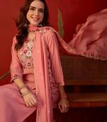 Peach cotton embroidered kurta set with dupatta.