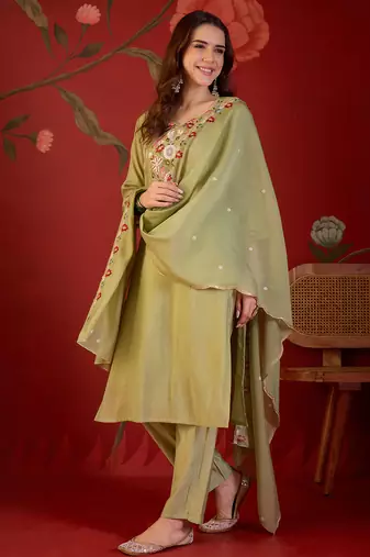 Pista cotton embroidered kurta set with dupatta.
