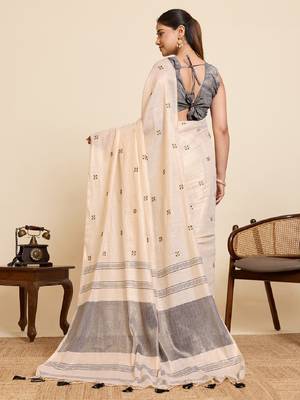Grey color embroidery cotton silk saree with blouse 4