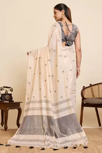 Grey color embroidery cotton silk saree with blouse