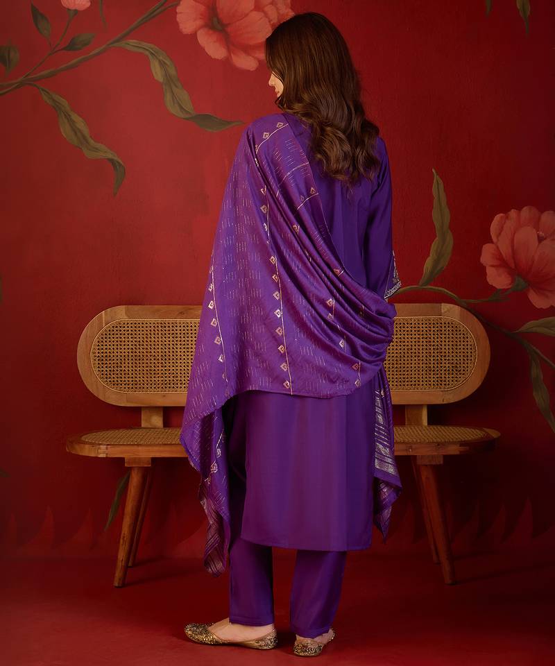 Purple cotton embellished kurta set with duaptta.