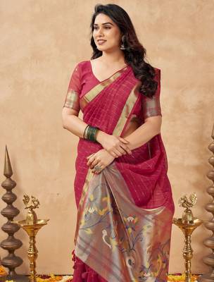 red ethnic cotton blend fabric weaving jari designer fancy ethnic saree 3