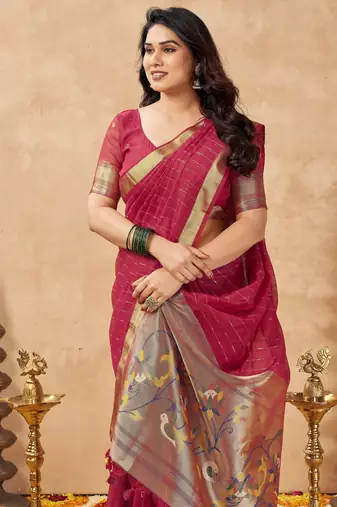 red ethnic cotton blend fabric weaving jari designer fancy ethnic saree