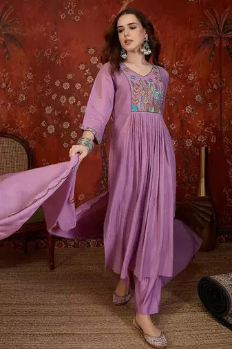 Lilac cotton embroidered kurta set with dupatta.