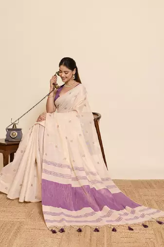 Purple color embroidery cotton silk saree with blouse