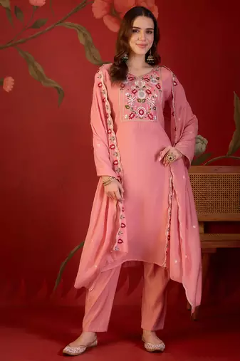 Peach cotton embroidered kurta set with dupatta.