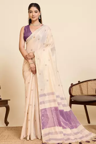 Purple color embroidery cotton silk saree with blouse