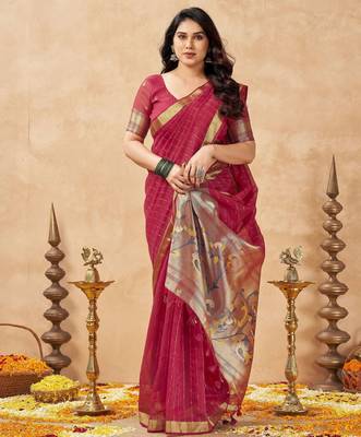 red ethnic cotton blend fabric weaving jari designer fancy ethnic saree 4