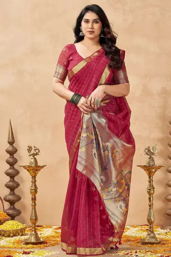 red ethnic cotton blend fabric weaving jari designer fancy ethnic saree