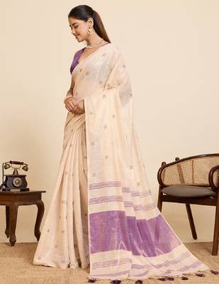 Purple color embroidery cotton silk saree with blouse 3