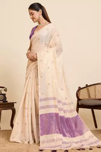 Purple color embroidery cotton silk saree with blouse