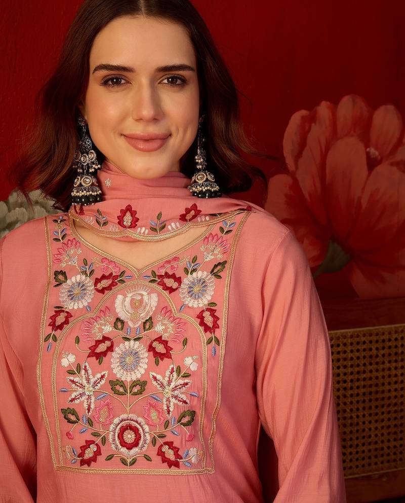 Peach cotton embroidered kurta set with dupatta.