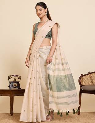 Green color embroidery cotton silk saree with blouse 2