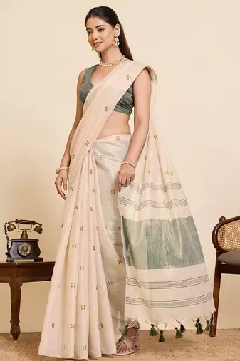 Green color embroidery cotton silk saree with blouse