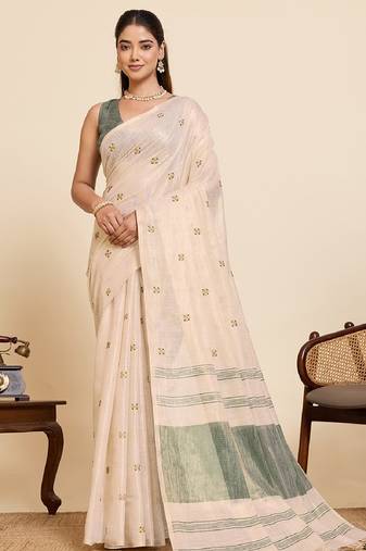 Green color embroidery cotton silk saree with blouse