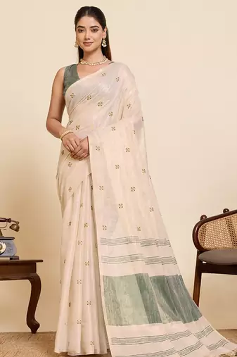 Green color embroidery cotton silk saree with blouse