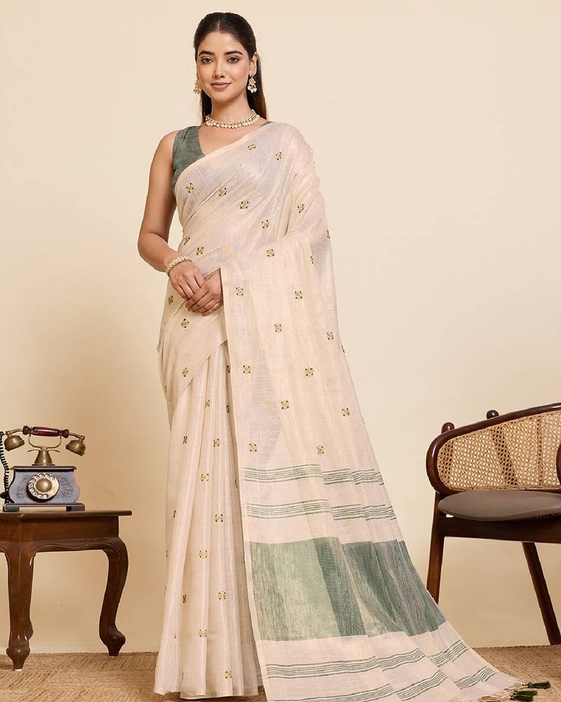 Green color embroidery cotton silk saree with blouse