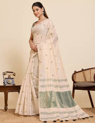 Green color embroidery cotton silk saree with blouse 3