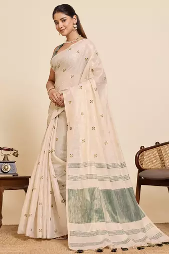 Green color embroidery cotton silk saree with blouse