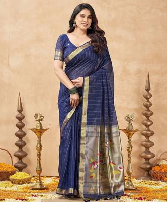blue ethnic cotton blend fabric weaving jari designer fancy ethnic saree 1