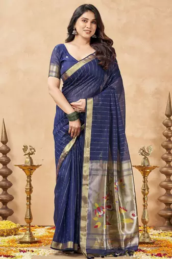 blue ethnic cotton blend fabric weaving jari designer fancy ethnic saree