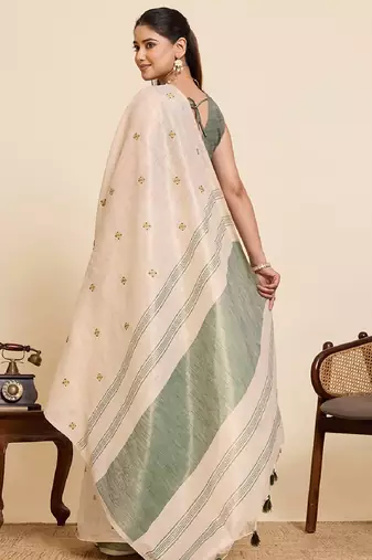 Green color embroidery cotton silk saree with blouse