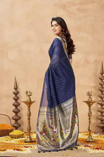 blue ethnic cotton blend fabric weaving jari designer fancy ethnic saree