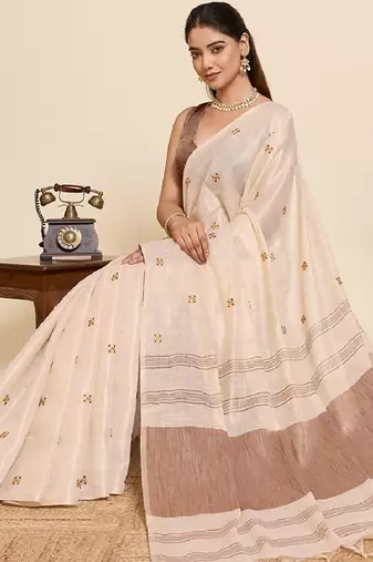 Brown color embroidery cotton silk saree with blouse